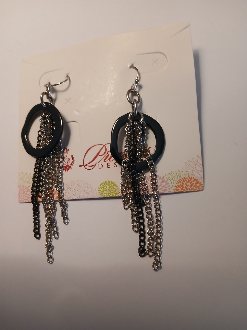 Premier Designs Black and Silver Dangle Chain Hoop Earrings